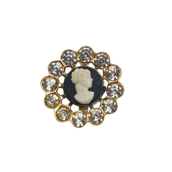 Vintage Gold Tone Cameo Pin With Clear Rhinestones Black Background - Picture 1 of 4